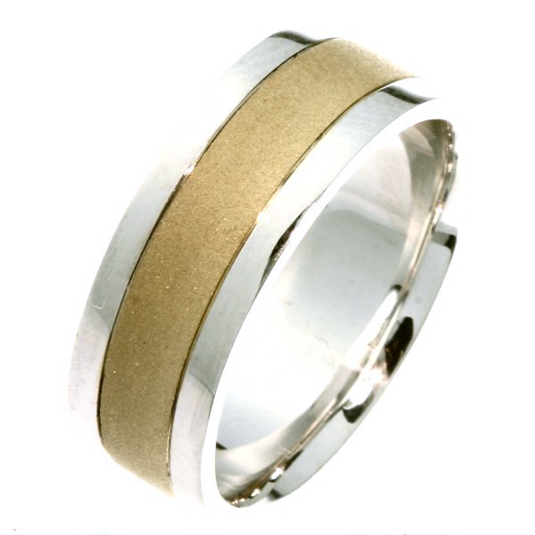 Item # 211411PE - Platinum and 18 kt wedding band. The ring is about 8.0 mm wide and comfort fit. The center is a coarse sandblast finish and the outer edges are polished. Different finishes may be selected or specified.