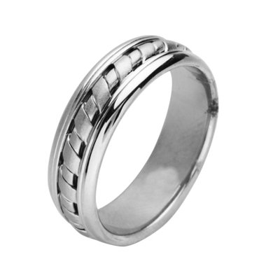 Item # 211441W - 14Kt White gold hand made wedding band. The ring is about 8.0 mm wide and comfort fit. There is a handcrafted design in the center and is matte finish. The outer edges are polished. Different finishes may be selected or specified.