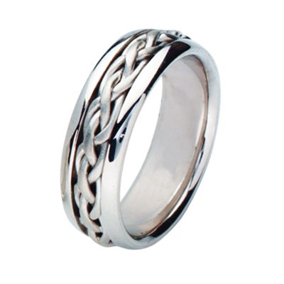 Item # 211481PP - Platinum hand made braided wedding band. The ring is about 7.0 mm wide and comfort fit. There is a handmade braid in the center of the band that is a matte finish. The outer edges are polished. Different finishes may be selected or specified.