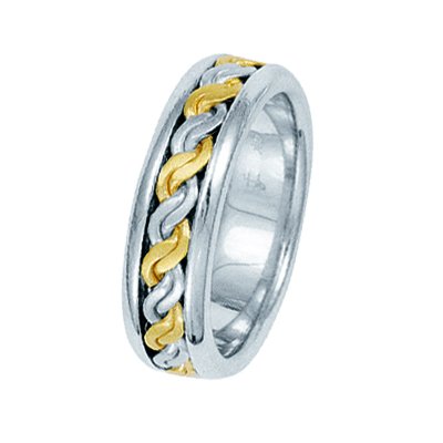 Item # 211491E - 18Kt Two-tone hand made braided wedding band. The ring is about 6.5 mm wide and comfort fit. There is a handmade rope braid in the center with a matte finish. The outer edges are polished. Different finishes may be selected or specified.