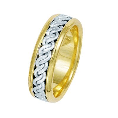 Item # 211511E - 18Kt Two-tone hand made braided wedding band. The ring is about 7.0 mm wide and comfort fit. The center has a hand made rope braid that has a matte finish. The outer edges are polished. Different finishes may be selected or specified.