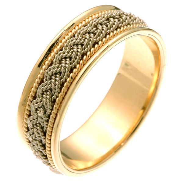 Item # 211521E - 18Kt Two-tone hand made braided wedding band. The ring is about 7.0 mm wide and comfort fit. There is one hand crafted braid in the center. On each side of the braid is one hand made rope. The whole ring is polished. Different finishes may be selected or specified.