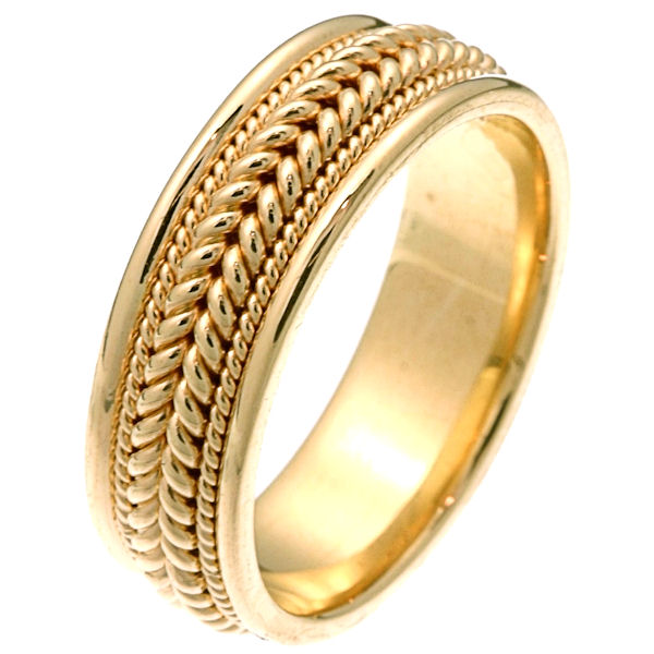 Item # 212361E - 18 kt yellow gold hand braided comfort fit 7.0 mm wide wedding band. The ring has two large ropes together in the center and one smaller rope on each side of the larger ropes. It is all polished and 7.0 mm wide. Different finishes may be selected or specified. 
