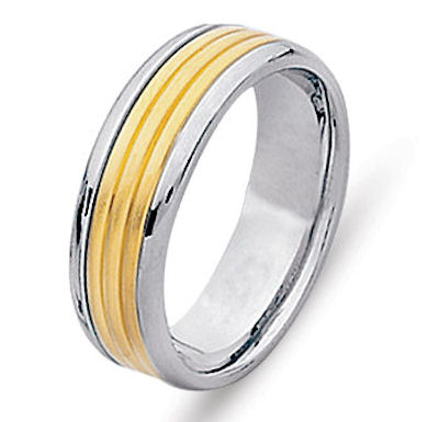 Item # 213488 - Hand crafted, 14 kt two-tone gold, 8.0 mm wide, comfort fit wedding band. The center is a sandblast satin finish and the outer edges are polished. Different finishes may be selected or specified.