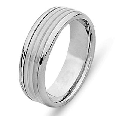 Item # 213488PP - Hand crafted, platinum, 8.0 mm wide, comfort fit wedding band. The center is a sandblast satin finish and the outer edges are polished. Different finishes may be selected or specified.