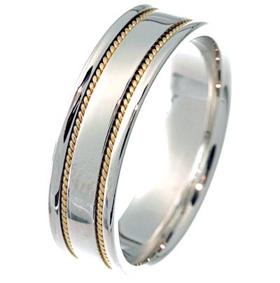 Item # 213506E - Hand crafted, 18 kt two-tone gold 6.0 mm wide, comfort fit band. Two channels of 18 kt yellow gold twisted ropes completes the ring. The whole ring is polished. Different finishes may be selected or specified. 