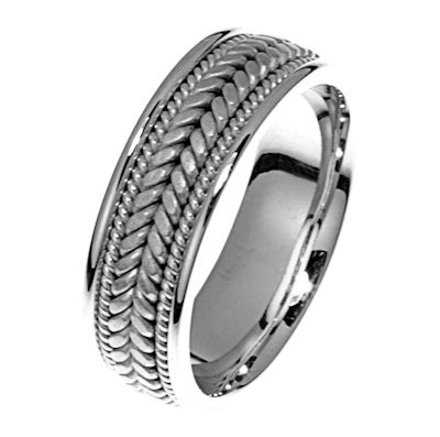 Item # 21398WE - Hand crafted, 18kt white gold comfort fit band. Two channels of 18 kt white gold twisted wires completes the ring. The center of the ring is matte and the outer edges are polished. Different finishes may be selected or specified.