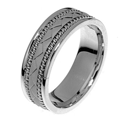 Item # 21419PP - Hand crafted, platinum comfort fit band. The whole ring is platinum. The braid and twisted ropes in the center of the ring is a sandblast matte finished and the edges are high polished. Different finishes may be selected or specified.