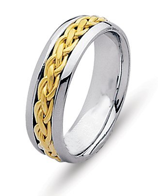 Item # 21473PE - Hand crafted, platinum and 18 kt yellow gold comfort fit, 6.5 mm wide wedding band. Braided 18 kt yellow gold. There is a hand made braid in the center. The whole ring is polished. Different finishes may be selected or specified. 