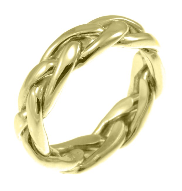 Item # 21476E - 18Kt yellow gold hand made open braided, approximately 6.0 mm wide, Celtic wedding ring. The ring is polished. Different finishes may be selected or specified. This item can not be engraved.