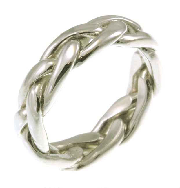 Item # 21476W - 14Kt white gold hand made open braided, approximately 6.0 mm wide, Celtic wedding ring. The ring is polished. Different finishes may be selected or specified.  This item can not be engraved.