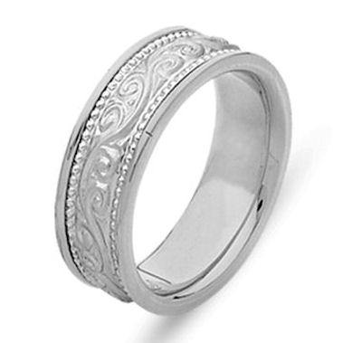 Item # 21497PP - Hand crafted, platinum comfort fit band. The ring has beautiful hand crafted engraving in the center and is a matte finish. The outer edges are polished. Different finishes may be selected or specified. 