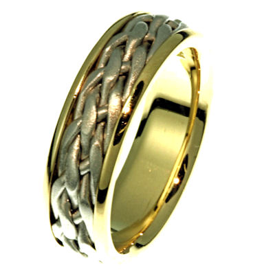 Item # 21498PE - Hand crafted, platinum and 18 kt yellow gold comfort fit band. There is a hand crafted braid in the center which is a matte finish. The outer edges are polished. Different finishes may be selected or specified.