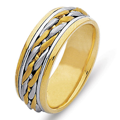 Item # 21499 - Hand crafted, 14 kt two-tone gold, 9.0 mm wide, comfort fit wedding band. The ring is beautifully braided in the center with 14 kt white and yellow gold. The finish is polished. Different finishes may be selected or specified. 