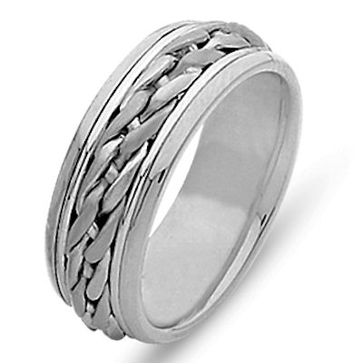 Item # 21499W - Hand crafted, 14 kt white gold, 9.0 mm wide, comfort fit wedding band.  The ring is beautifully braided in the center with 14 kt white gold. The finish is polished. Different finishes may be selected or specified. 