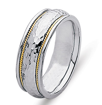 Item # 21516PE - 18 kt yellow gold and platinum hand crafted, 6.0 mm wide, comfort fit wedding band. The ring is high dome with the center hammered finish and two twisted ropes made in 18 kt yellow gold. The ring is polished. Different finishes may be selected or specified. 