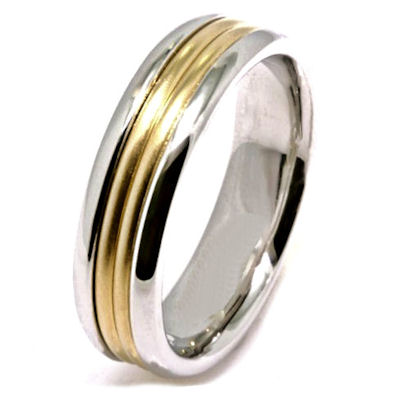 Item # 21524PE - 18 kt yellow gold and Platinum, hand crafted wedding band. The center of the ring is a matte finish and the outer edges are polished. Different finishes may be selected or specified.