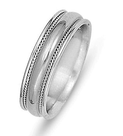 Item # 21528PP - Hand crafted, platinum comfort fit band. The ring is 6.0 mm wide. There are two hand made ropes in the center of the ring. The finish on the ring is polished. Different finishes may be selected or specified.