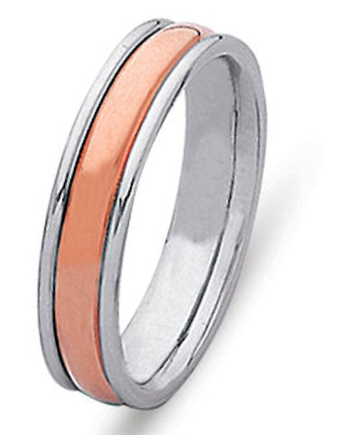 Item # 21529RE - Hand crafted, 18 kt rose and white gold comfort fit band. The ring is 5.0 mm wide. The center is matte and the outer edges are polished. Different finishes may be selected or specified.