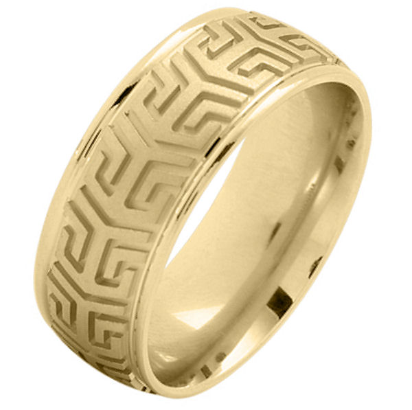 Item # 216137E - 18 Kt Yellow gold, comfort fit, 8.0 mm wide, carved wedding band. The center of the ring has a carved pattern and brush finish. The outer edges are polished. Other finishes may be selected or specified. 