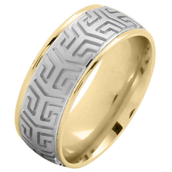 Item # 216137YWY - 14 Kt two-tone gold, comfort fit, 8.0 mm wide, carved wedding ring. The center of the ring has a carved pattern in white gold and brushed finish. The outer edges are yellow gold and polished. Other finishes may be selected or specified. 