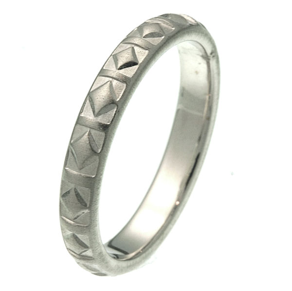 Item # 216141PP - Platinum 4.0 mm wide comfort fit wedding band. The ring has a diamond shaped pattern all around the ring with a matte finish. It is 4.0 mm wide and comfort fit. Different finishes may be selected or specified. 