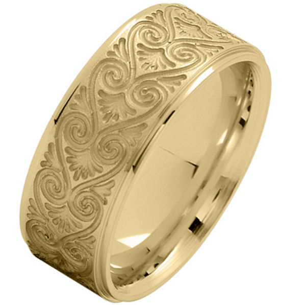 Item # 216146E - 18 Kt Yellow gold, comfort fit, 8.5 mm wide carved wedding ring. The ring has a carved pattern in the center that is brush finish. Outer edges are polished. Other finishes may be selected or specified. 