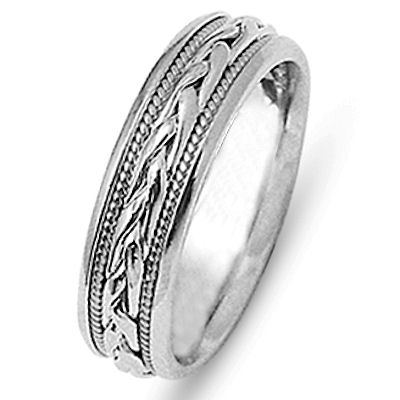 Item # 21646WE - 18 kt white gold hand crafted 6.0 mm wide comfort fit wedding band. The ring has two ropes and a beautiful braid made all in 18 kt white gold. The finish is all polished. Different finishes may be selected or specified. 