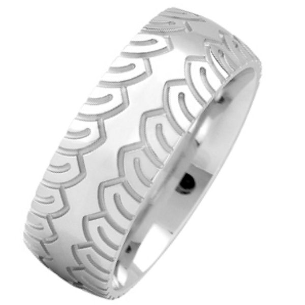 Item # 216483WE - 18 kt white gold, comfort fit, 8.0 mm wide,  carved wedding band. The ring has a carved design on each side of the ring. The wedding band is made with an all polished finish. Other finishes may be selected or specified