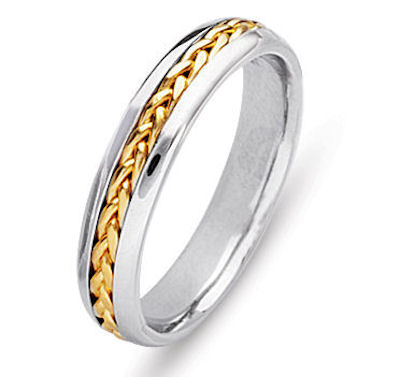 Item # 21651PE - Hand crafted, platinum and 18 kt yellow gold comfort fit band. The braid is beautifully crafted in 18 kt yellow gold. The ring is 5.0 mm wide. The finish is polished. Different finishes may be selected or specified. 