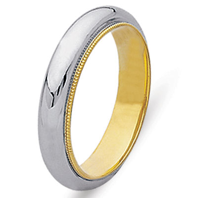 Item # 216885E - Hand crafted 18 kt two-tone gold, 5.0 mm wide comfort fit wedding band. The ring has milligrain edges and a polished finish. Different finishes may be selected or specified.