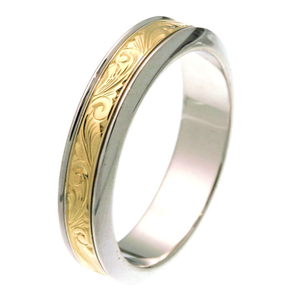 Item # 218001E - 18 kt two-tone gold 5.5 mm wide hand carved comfort fit wedding band. The ring has hand carving in the center with a polished finish. It is 5.5 mm wide and comfort fit. Different finishes may be selected or specified. 