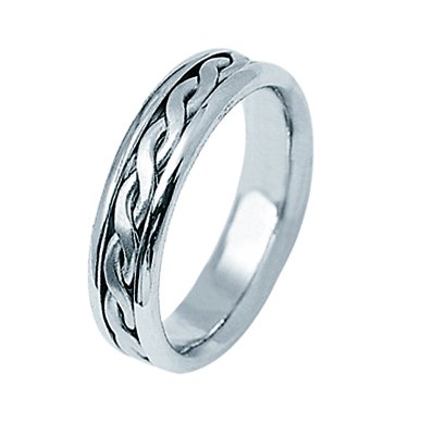 Item # 21912PP - Platinum hand braided wedding band. This band is approximately 5.0 mm wide and comfort fit. The braid in the center is hand made. The finish is polished. Different finishes may be selected or specified.