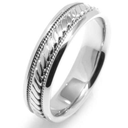 Item # 221629PP - Platinum, 6.0 mm wide comfort fit, hand crafted wedding band. The brushed center is a hand made design with one hand crafted rope on each side of the design with the rest of the band polished. Different finishes may be selected or specified.