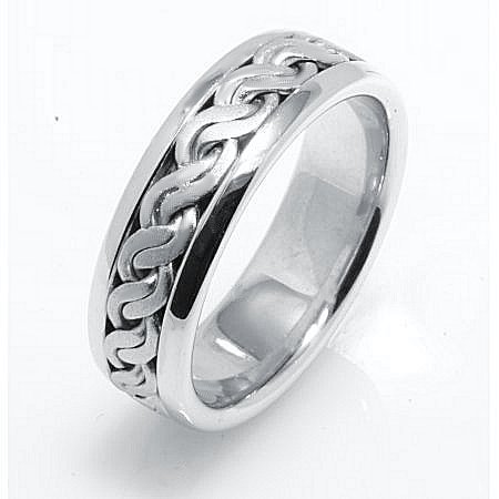 Item # 221709W - 14 K white gold, comfort fit, 7.0 mm wide, hand made wedding band. There is a hand crafted braided rope in the center. The finish in the center is matte and the outer edges are polished. Different finishes may be selected or specified.