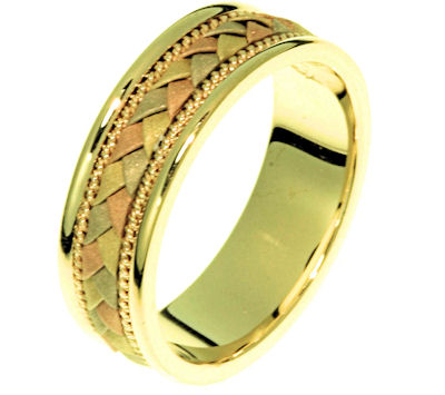 Item # 22206 - 14 Kt tri-color gold hand crafted ring. The braid is made up of 14 kt yellow, rose, and white gold and has a sandblasted finish. The ring is 6.0 mm wide and comfort fit. The finish on the edges are polished. Different finishes may be selected or specified.