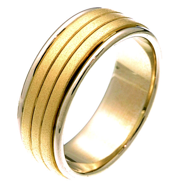 Item # 22481E - 18 kt two-tone gold comfort fit 8.0 mm wide wedding band. The ring's yellow gold portion has a sandblasted finish and the white gold is polished. It is 8.0 mm wide and comfort fit. Different finishes may be selected or specified. 