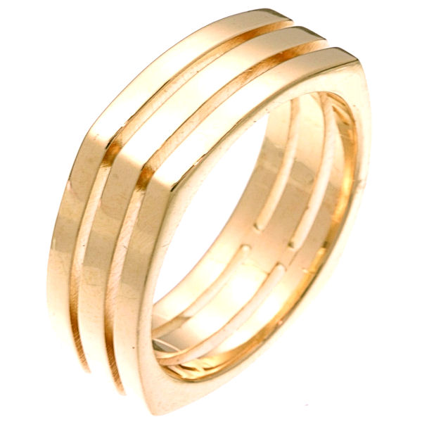 Item # 226071 - 14 kt yellow gold square comfort fit 7.5 mm wide wedding band. The ring has 3 square shaped rings welded together to create a beautiful contemporary style. It is a polished finish and 7.5 mm wide. Different finishes may be selected or specified. 