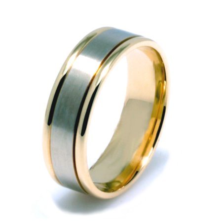 Item # 22701E - 18K white and yellow gold, Hand Crafted , 6.0 mm wide, comfort fit wedding band. The finish in the center is brushed and the outer edges are polished. Different finishes may be selected or specified.