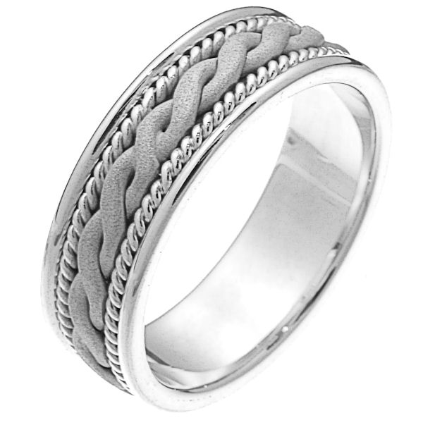 Item # 230661PP - Platinum hand braided comfort fit 7.0 mm wide wedding band. The ring has a platinum braid that has a sandblasted finish and one rope on each side of the braid. It is 7.0 mm wide and comfort fit. Different finishes may be selected or specified. 