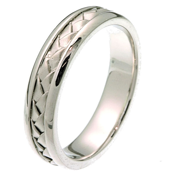 Item # 24511WE - 18 kt white gold hand braided 5.0 mm wide comfort fit wedding band. The ring is braided in the center with a matte finish and the edges are polished. It is 5.0 mm wide and comfort fit. Different finishes may be selected or specified. 