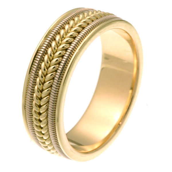 Item # 247361E - 18 kt two-tone hand crafted 7.0 mm wide comfort fit wedding band. The ring two rope braids in the center with one coil on each side of the braid. It is all polished, 7.0 mm wide and comfort fit. Different finishes may be selected or specified.  