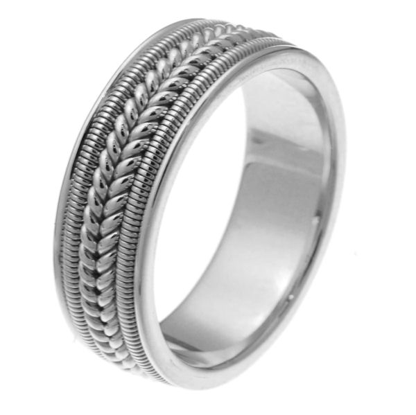 Item # 247361PP - Platinum hand crafted 7.0 mm wide comfort fit wedding band. The ring two rope braids in the center with one coil on each side of the braid. It is all polished, 7.0 mm wide and comfort fit. Different finishes may be selected or specified.  