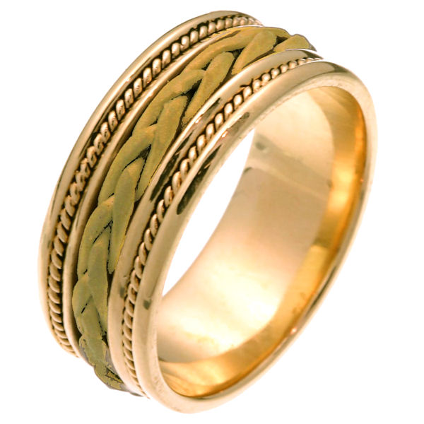Item # 250181E - 18 kt yellow gold hand braided 8.5 mm wide comfort fit wedding band. The ring has a sandblasted finish braid in the center with one rope on each side of the braid. The rest of the band is polished finish. It is 8.5 mm wide and comfort fit. Different finishes may be selected or specified. 