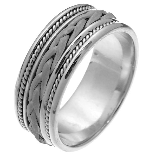 Item # 250181PP - Platinum hand braided 8.5 mm wide comfort fit wedding band. The ring has a sandblasted finish braid in the center with one rope on each side of the braid. The rest of the band is polished finish. It is 8.5 mm wide and comfort fit. Different finishes may be selected or specified. 