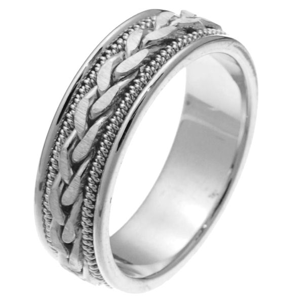 Item # 250261PP - Platinum hand crafted 6.0 mm wide comfort fit wedding band. The ring has a braid in the center with matte finish and one rope on each side of the braid that are polished finish. It is 6.0 mm wide and comfort fit. Different finishes may be selected or specified.