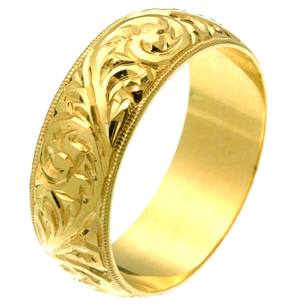 Item # 2516578 - 14 kt yellow gold hand carved comfort fit 8.0 mm wedding band. The yellow gold is hand carved with beautiful motifs with milgrain edges. It is 8.0 mm wide and comfort fit. The finish is polished. Different finishes may be selected or specified. 