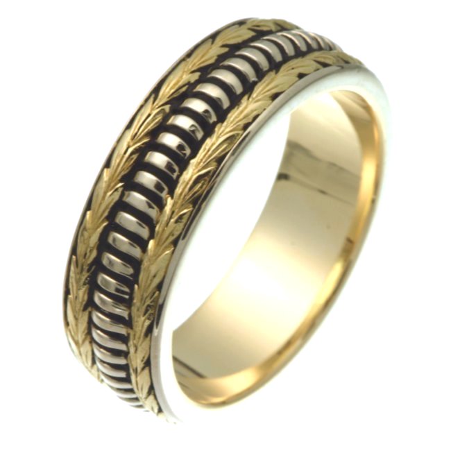 Item # 25837 - 14K two-tone, hand crafted, 7.0 mm wide, comfort fit, black antiqued wedding band. Leaves are hand carved. The finish is polished. Different finishes may be selected or specified.