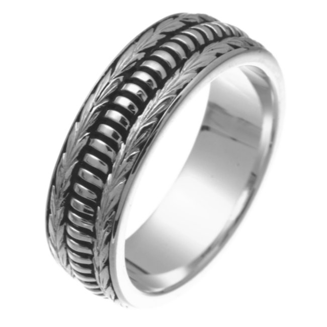 Item # 25837W - 14K White gold, hand crafted, 7.0 mm wide, comfort fit, black antiqued wedding band. Leaves are hand carved. The finish is polished. Different finishes may be selected or spe