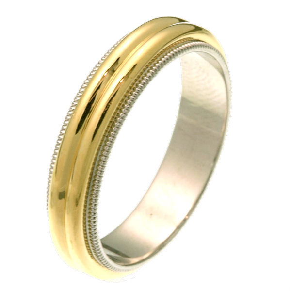 Item # 26871E - 18 kt two-tone gold 5.0 mm wide comfort fit wedding ring. The band has two domes in the center and milgrain edges. It is all polished and 5.0 mm wide. Different finishes may be selected or specified.